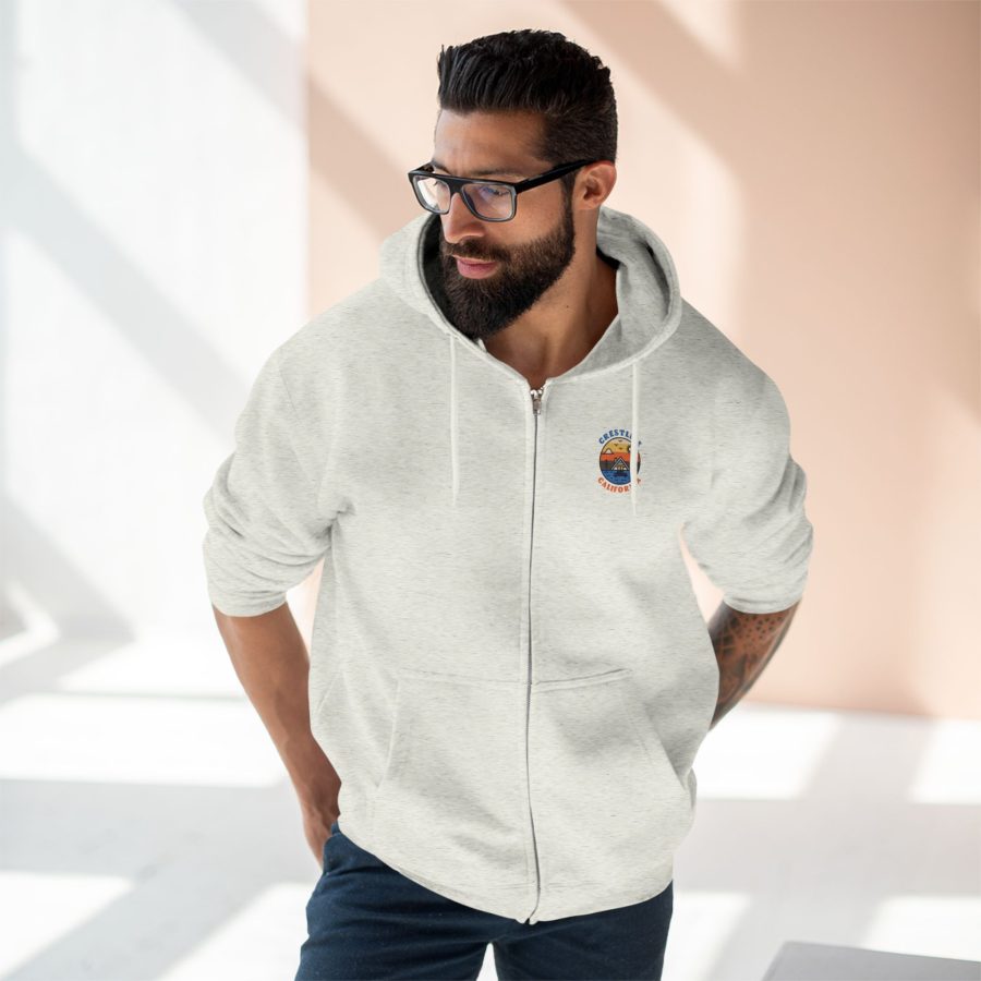 crestline, ca premium zip hoodie with our lakeside cabin sunset design