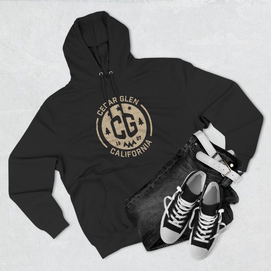 cedar glen premium hoodie with our cg, stars, and tents design