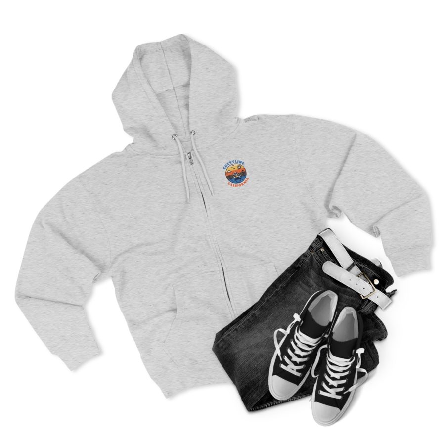 crestline, ca premium zip hoodie with our lakeside cabin sunset design