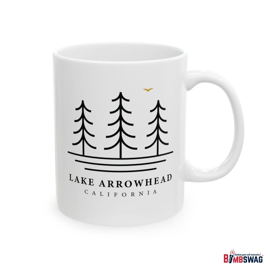 lake arrowhead coffee mug with our three tree and water line art