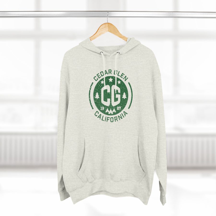 cedar glen premium hoodie with our cg, stars, and tents design