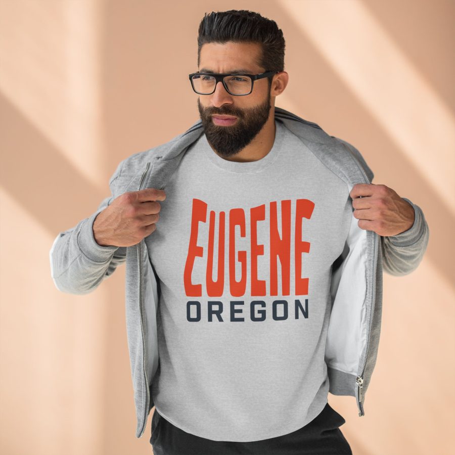 eugene premium crewneck sweatshirt with custom state shaped typeface