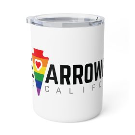 lake arrowhead 10oz insulated travel mug with our lgbtq+ arrowhead, heart, and font art