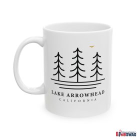 lake arrowhead coffee mug with our three tree and water line art