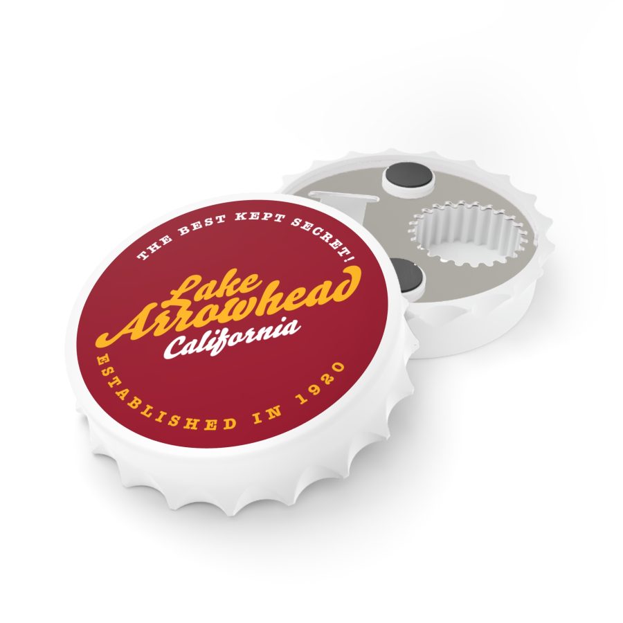 lake arrowhead bottle opener refrigerator magnet with our gold on red "best kept secret" design