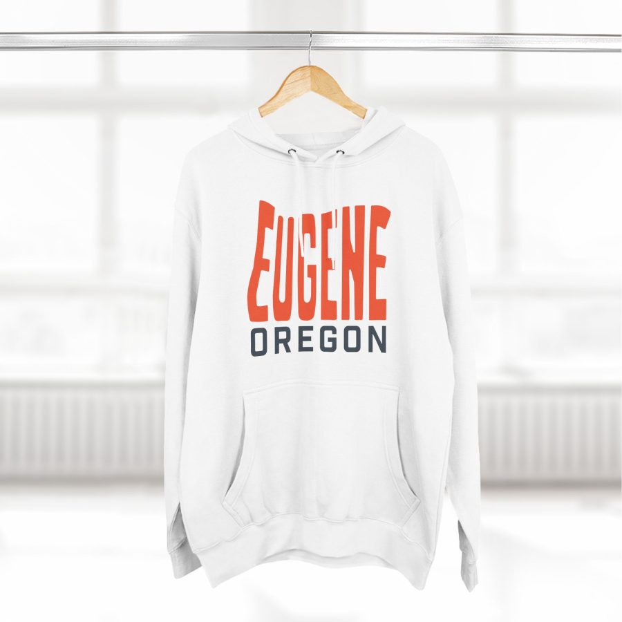 eugene oregon premium hoodie with custom state shaped typeface