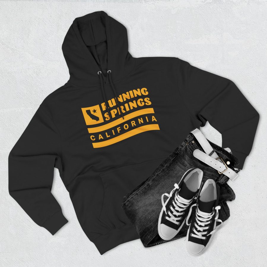 running springs premium hoodie with our flag wave, star, and state shape design