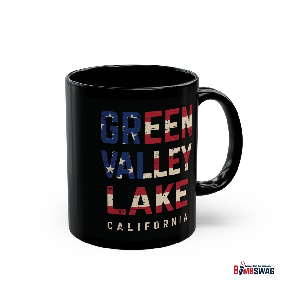 green valley lake black coffee mug styled with the american flag