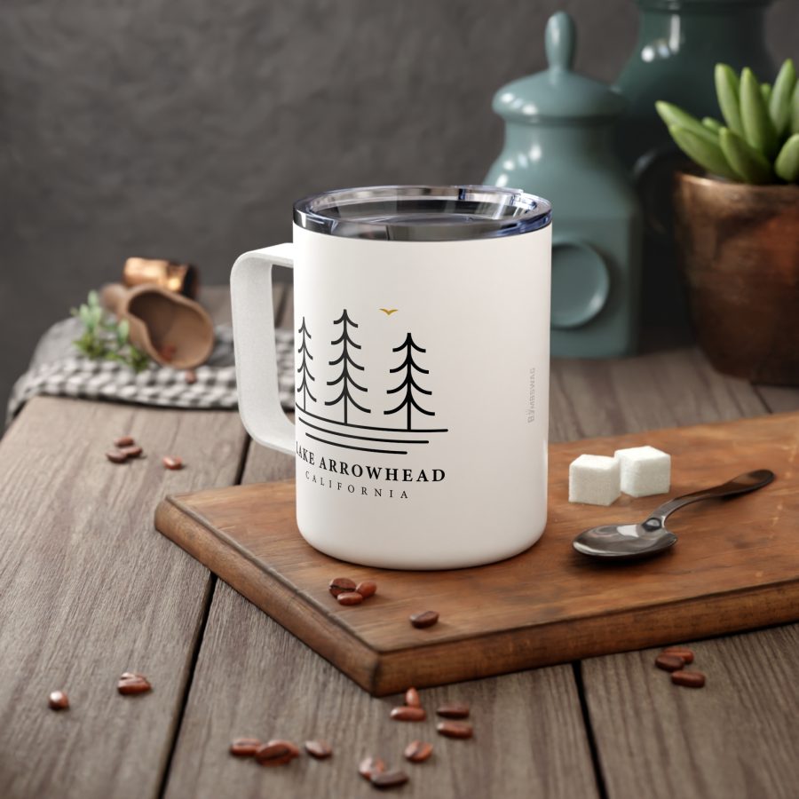 lake arrowhead 10oz insulated travel mug with our three tree and water line art