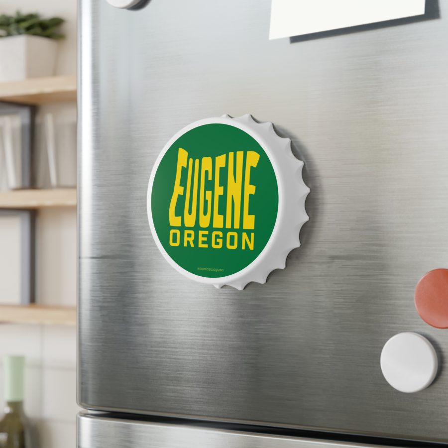 eugene oregon bottle opener refrigerator magnet with state shaped typeface in green and yellow