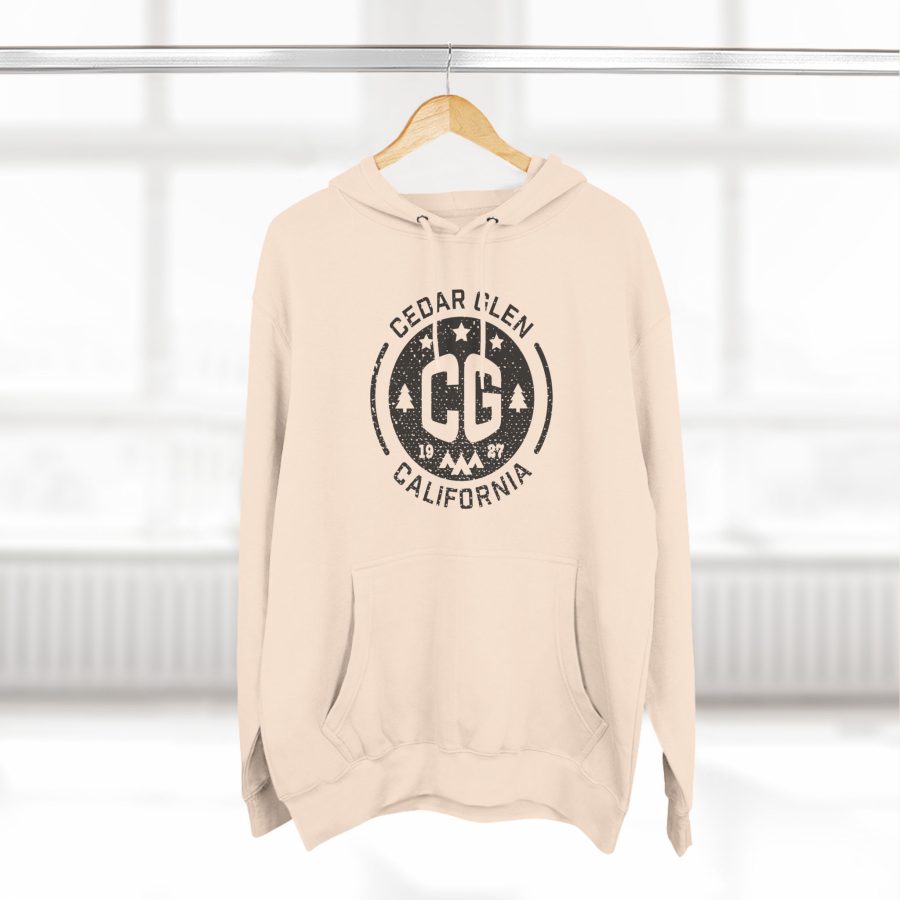 cedar glen premium hoodie with our cg, stars, and tents design