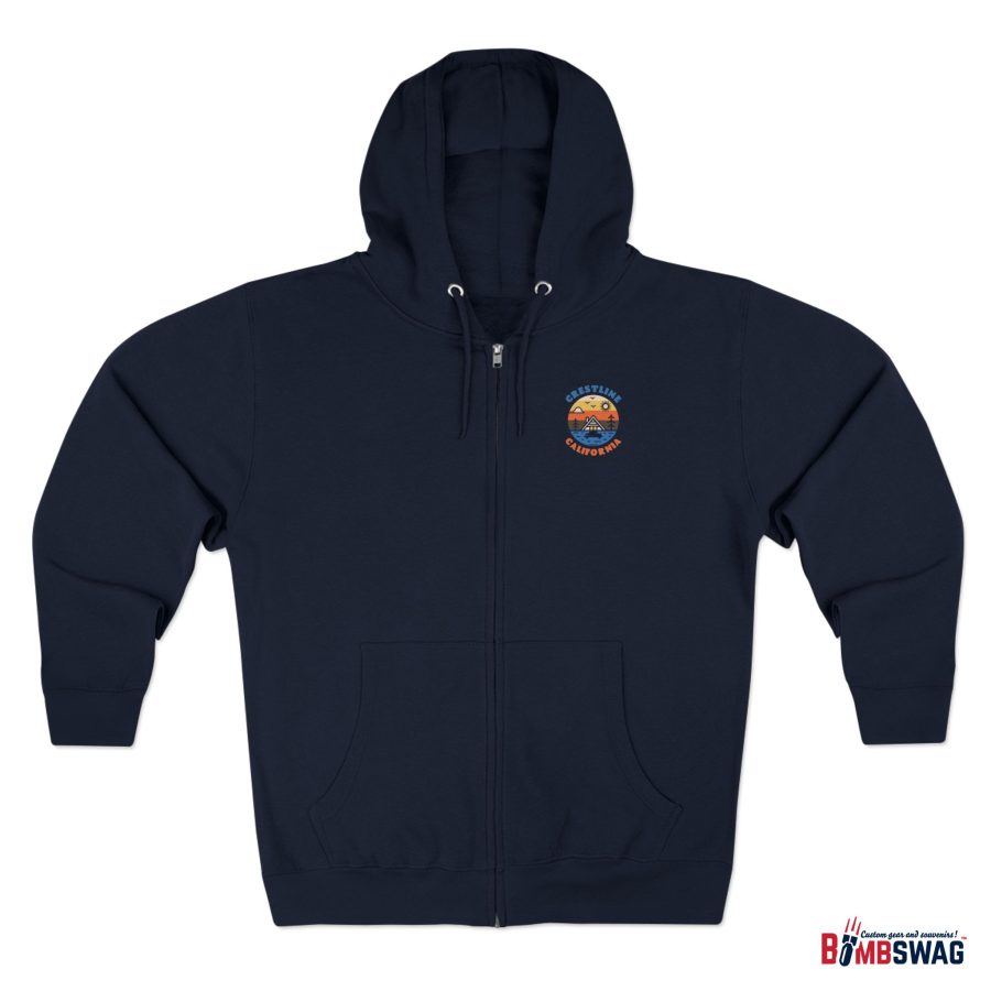 crestline, ca premium zip hoodie with our lakeside cabin sunset design