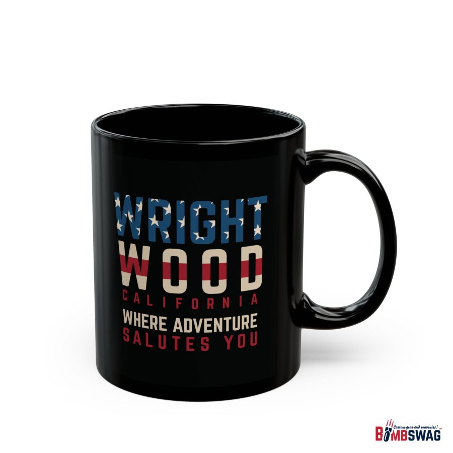 wrightwood, ca black patriotic coffee mug styled as the american flag where adventure salutes you