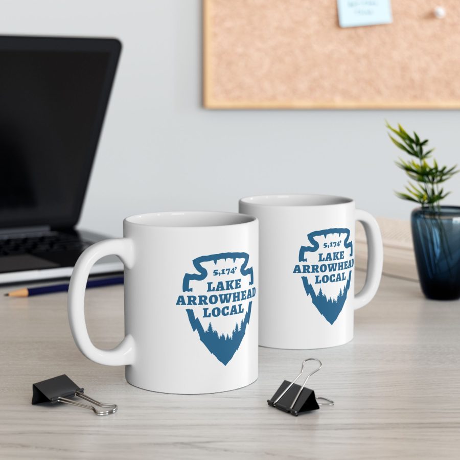 lake arrowhead local mug with our signature arrowhead in blue on white design